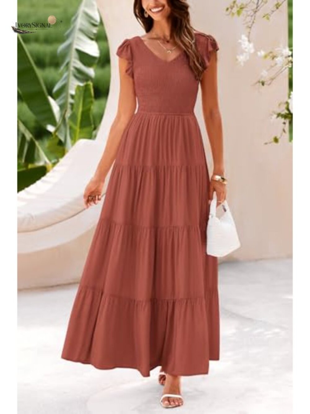 Women's Smocked V-Neck Cap Sleeve Maxi Dress A-Line Flowy Boho Sundress